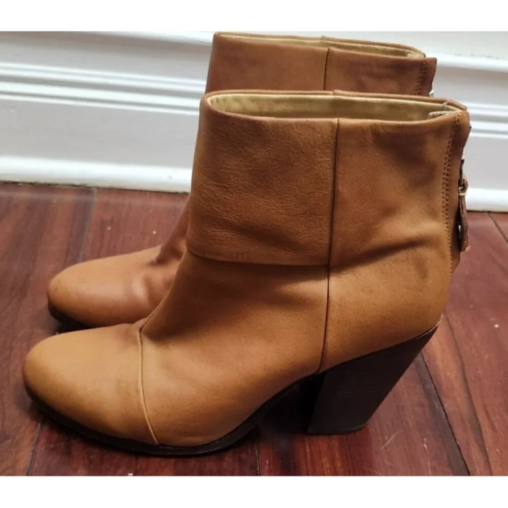Rag & Bone New York Women’s Leather Ankle Boots Tan Heeled Booties Zip Back 39